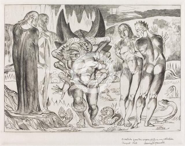 The Circle of the Thieves; Agnolo Brunelleschi Attacked by a Six-Footed Serpent, 1827. Creator: William Blake.