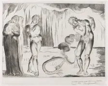 The Circle of the Thieves; Buoso Donati Attacked by the Serpent, 1827. Creator: William Blake