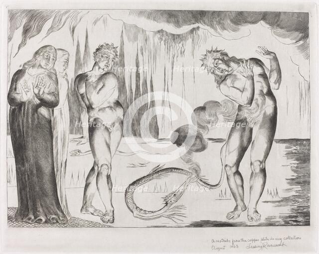 The Circle of the Thieves; Buoso Donati Attacked by the Serpent, 1827. Creator: William Blake.