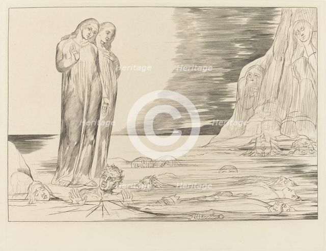 The Circle of the Traitors; Dante's Foot Striking Bocca degli Abbate, 1827. Creator: William Blake.