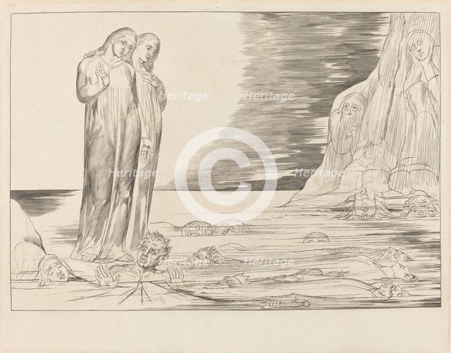 The Circle of the Traitors; Dante's Foot Striking Bocca degli Abbate, 1827. Creator: William Blake.