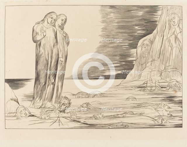 The Circle of the Traitors; Dante's Foot Striking Bocca degli Abbate, 1827. Creator: William Blake.