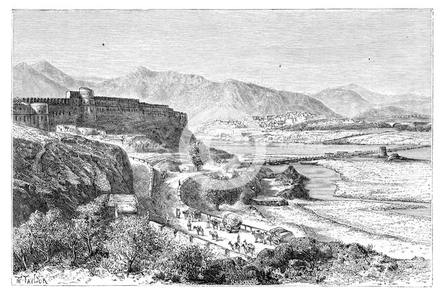 The Citadel of Attock and a bridge of boats over the Indus, Pakistan, 1895. Artist: Unknown