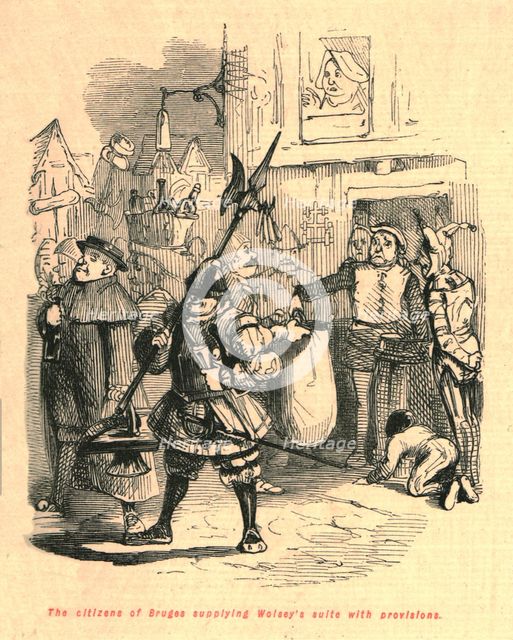 'The citizens of Bruges supplying Wolsey's suite with provisions', 1897. Creator: John Leech.