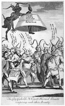 The City cuckolds & Court horned beasts comparing each other's beauty 1770. Artist: Anon