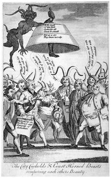 The City cuckolds & Court horned beasts comparing each other's beauty 1770. Artist: Anon