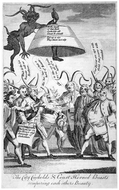 'The City cuckolds & Court horned beasts comparing each other's beauty', 1770. Artist: Anon