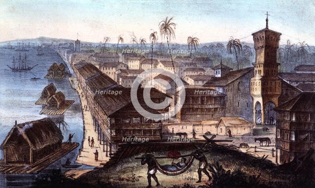 The city and the port of Guayaquil, color engraving.