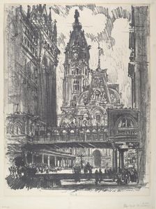 The City Hall and Bridge across Market Street, 1912. Creator: Joseph Pennell