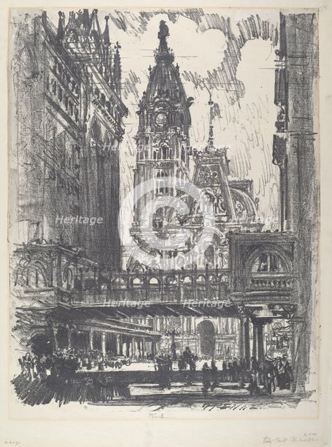 The City Hall and Bridge across Market Street, 1912. Creator: Joseph Pennell.