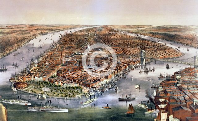 The city of New York, USA, 1870. Creator: Currier and Ives.