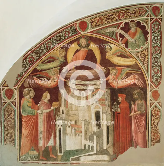 The city of Prato with Saints Stephen and John the Baptist and the benefactors Michele..., c.1415. Creator: Miniato, Pietro di (around 1366-1430/46).