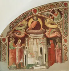 The city of Prato with Saints Stephen and John the Baptist and the benefactors Michele..., c.1415. Creator: Miniato, Pietro di (around 1366-1430/46)