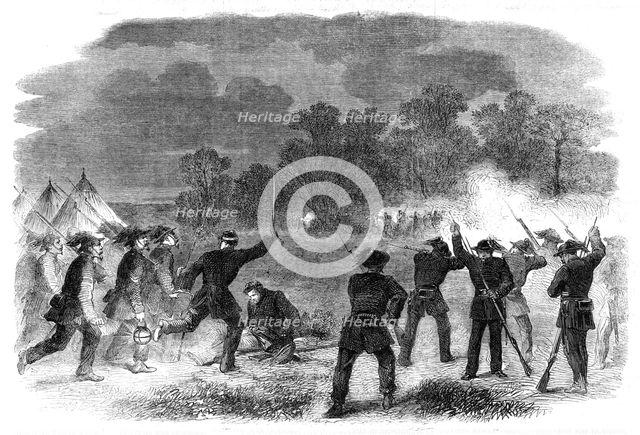 The Civil War in America: attack on the pickets of the Garibaldi Guard on the east branch..., 1861. Creator: Unknown.