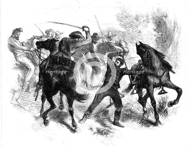 The Civil War in America: capture of a United States' dragoon by guerrilla horsemen of..., 1861. Creator: Unknown.