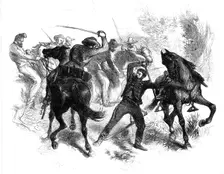 The Civil War in America: capture of a United States dragoon by guerrilla horsemen of..., 1861. Creator: Unknown