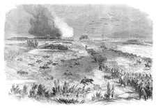 The Civil War in America: Federals advancing on the abandoned Confederate positions..., 1862. Creator: Unknown