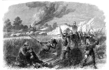 The Civil War in America: fight at Hainsville, on the Upper Potomac - advance of the..., 1861. Creator: Unknown