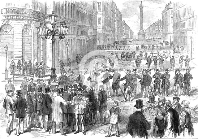 The Civil War in Paris: the rue de la Paix and Place Vendôme guarded by the insurgents, 1871. Creator: Unknown.