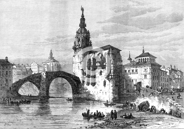 The Civil War in Spain: view in Bilbao - the church and bridge at St. Antonio, 1874. see 0580033139 Creator: Unknown.