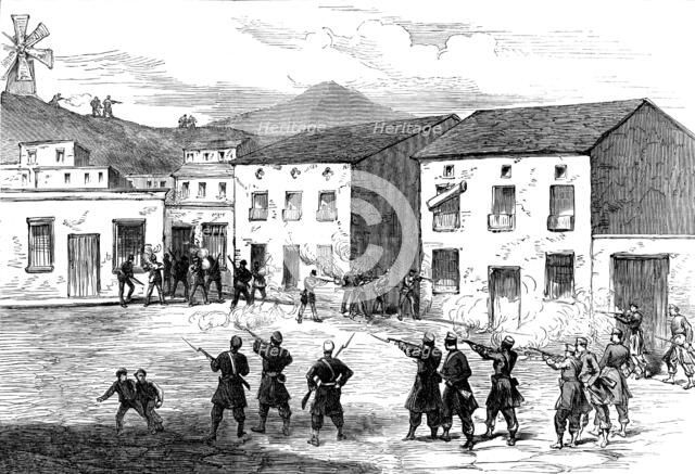 The Civil War in Spain: Carabiniers resisting the Carthagena insurgents at Aguilas, 1873. Creator: Unknown.
