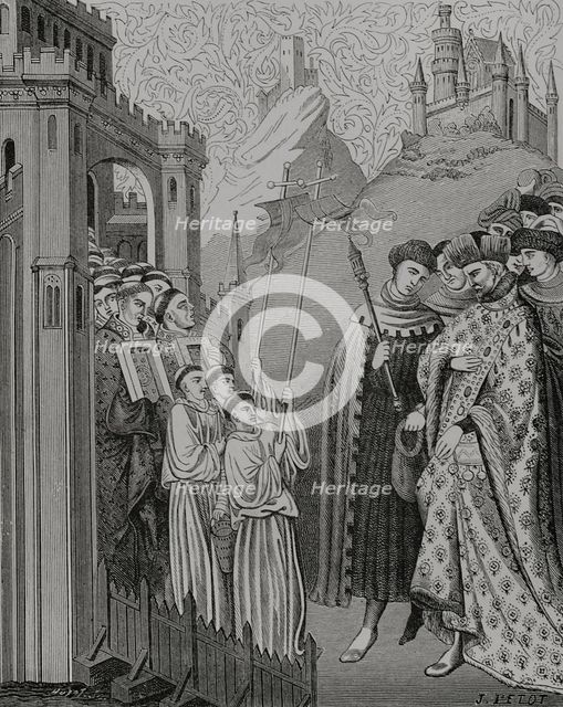 The clergy solemnly come with the cross and holy images before a lord at the door of a..., 1877.  Creators: Jules Jean Marie Joseph Huyot, J Petot.