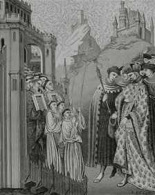 The clergy solemnly come with the cross and holy images before a lord at the door of a..., 1877. Creators: Jules Jean Marie Joseph Huyot, J Petot