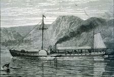 The Clermont, the first steamboat manufactured by Robert Fulton, sailing up the Hudson River...,1807 Creator: Unknown