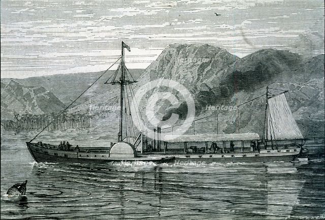 The Clermont, the first steamboat manufactured by Robert Fulton, sailing up the Hudson River...,1807 Creator: Unknown.
