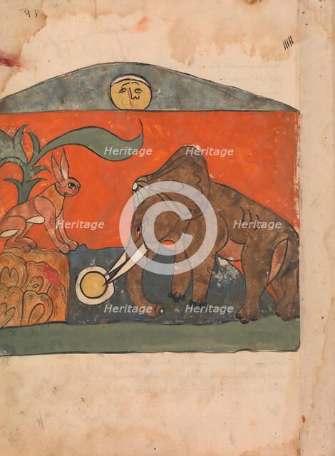 The Clever Hare with the King of the Elephants at the Spring of the Moon..., 18th century. Creator: Unknown.