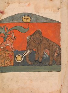 The Clever Hare with the King of the Elephants at the Spring of the Moon..., 18th century. Creator: Unknown