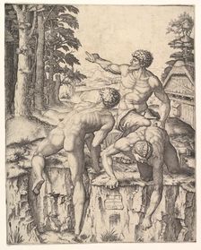 The Climbers: three naked men, one seen from behind climbing onto a river-bank, soldiers e..., 1510. Creator: Marcantonio Raimondi