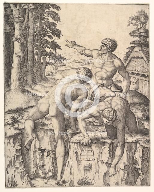 The Climbers: three naked men, one seen from behind climbing onto a river-bank, soldiers e..., 1510. Creator: Marcantonio Raimondi.