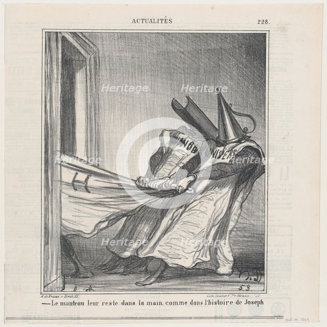 The cloak remains in their hands, like in the story of Joseph, from 'News of t..., October 14, 1869. Creator: Honore Daumier.