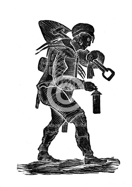 The coal miner carrying his tools and safety his lamp, 1890. Creator: Unknown.
