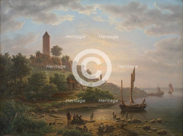 The coast at Vordingborg with the Goose Tower (Gåsetårnet), early morning, 1848. Creator: Jens Peter Møller.