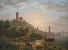 The coast at Vordingborg with the Goose Tower (Gåsetårnet), early morning, 1848. Creator: Jens Peter Møller