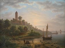 The coast at Vordingborg with the Goose Tower (Gåsetårnet), early morning, 1848. Creator: Jens Peter Møller