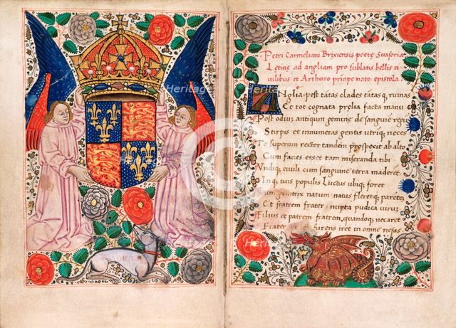 The coat of arms of Henry VII supported by two angels, 1486. Creator: Unknown.