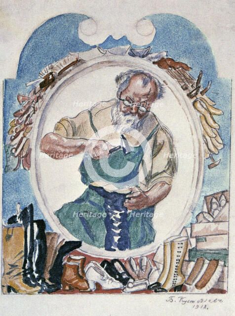 'The Cobbler', 1918.  Artist: Boris Mikhajlovich Kustodiev 