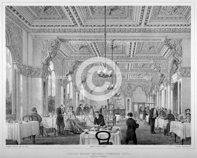 The coffee room in the London Bridge Railway Terminus Hotel, Bermondsey, London, 1860.               Artist: Vincent Brooks