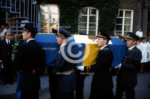 The coffin of King Gustaf VI Adolf of Sweden, 15 September 1973. Creator: Unknown.