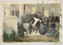 The coffin of Prince Ferdinand Philippe d'Orléans leaves the Château de Clermont, 1842. Creator: Lami, Eugène Louis (1800-1890)
