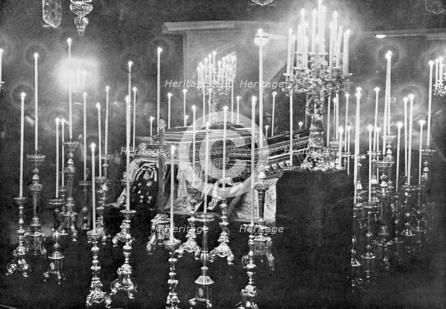 The coffins of Archduke Franz Ferdinand and Archduchess Sophie lying in state, 1914. Artist: Unknown