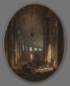 The Colonnade of St. Peter's, Rome, during the Conclave, c.1769. Creator: Hubert Robert (French, 1733-1808)