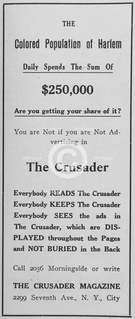 The Colored population of Harlem; The Crusader Magazine, 1918-1922. Creator: Unknown.