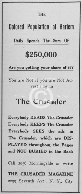 The Colored population of Harlem; The Crusader Magazine, 1918-1922. Creator: Unknown.