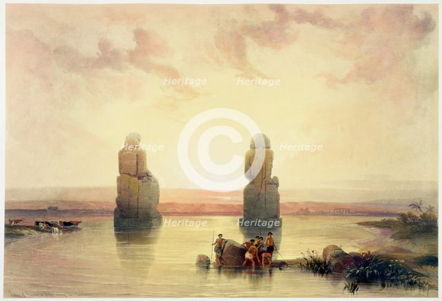 'The Colossi of Memnon, at Thebes, during the Inundation', Egypt, c1845. Creator: David Roberts.