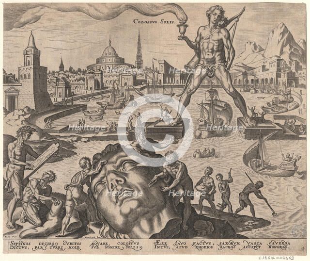 The Colossus of Rhodes (from the series The Eighth Wonders of the World) After Maarten van Heemskerck, 1572. Artist: Galle, Philipp (1537-1612)