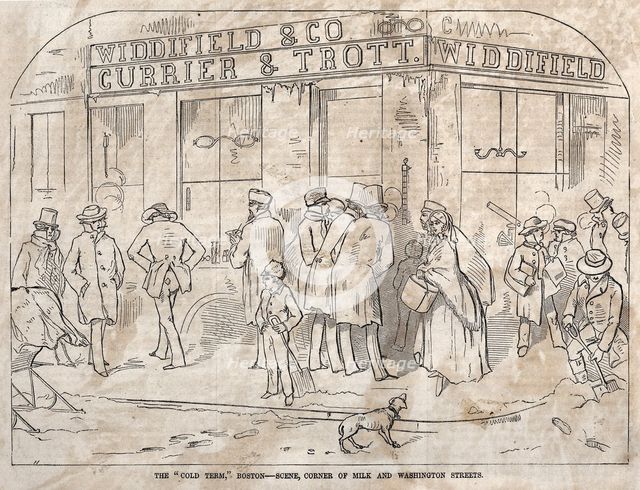 The "Cold Term," Boston - Scene, Corner Milk and Washington Streets, 1858. Creator: Winslow Homer (American, 1836-1910).